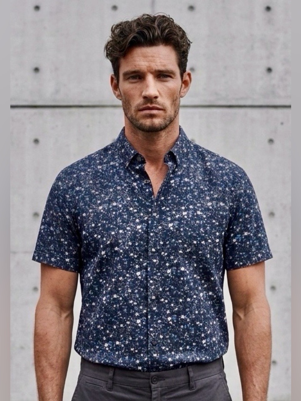 Catchit Men’s Dark Blue Floral Button Down Shirt in Large